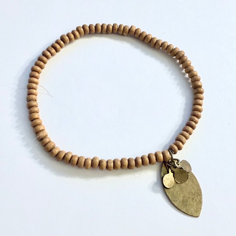 Natural Wood Beaded Stretch Bracelet Brass Leaf Charm Boho Cottagecore